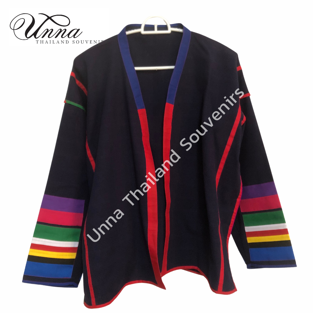 เสื้อคลุมอาข่า akha jacket ผ้าฝ้าย สไตล์ชนเผ่าอาข่า อก 48” สีกรมท่า แขนยาว แต่งแขนสลับสี ตัดเย็บเรียบร้อยมาก งานผ้าใหม่ทั้งตัว