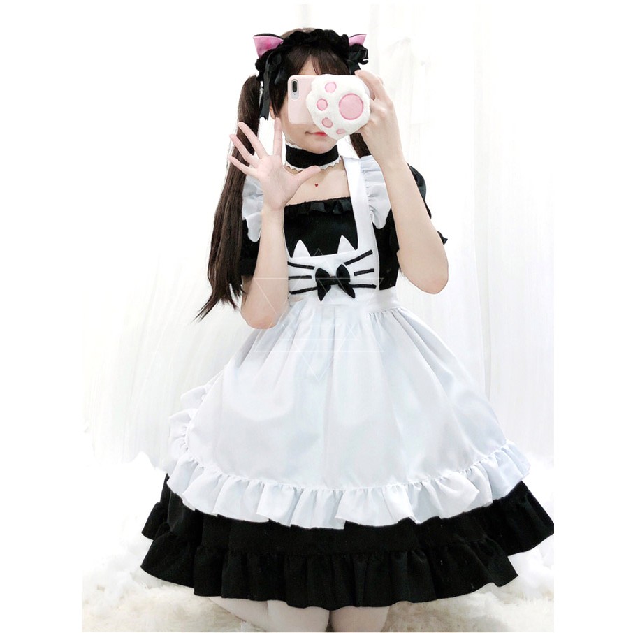 ชุดแม่บ้าน ชุดเมด ชุดเมดแมว ปักหนวดแมวที่อก สีขาวดำ พร้อมที่คาดผม