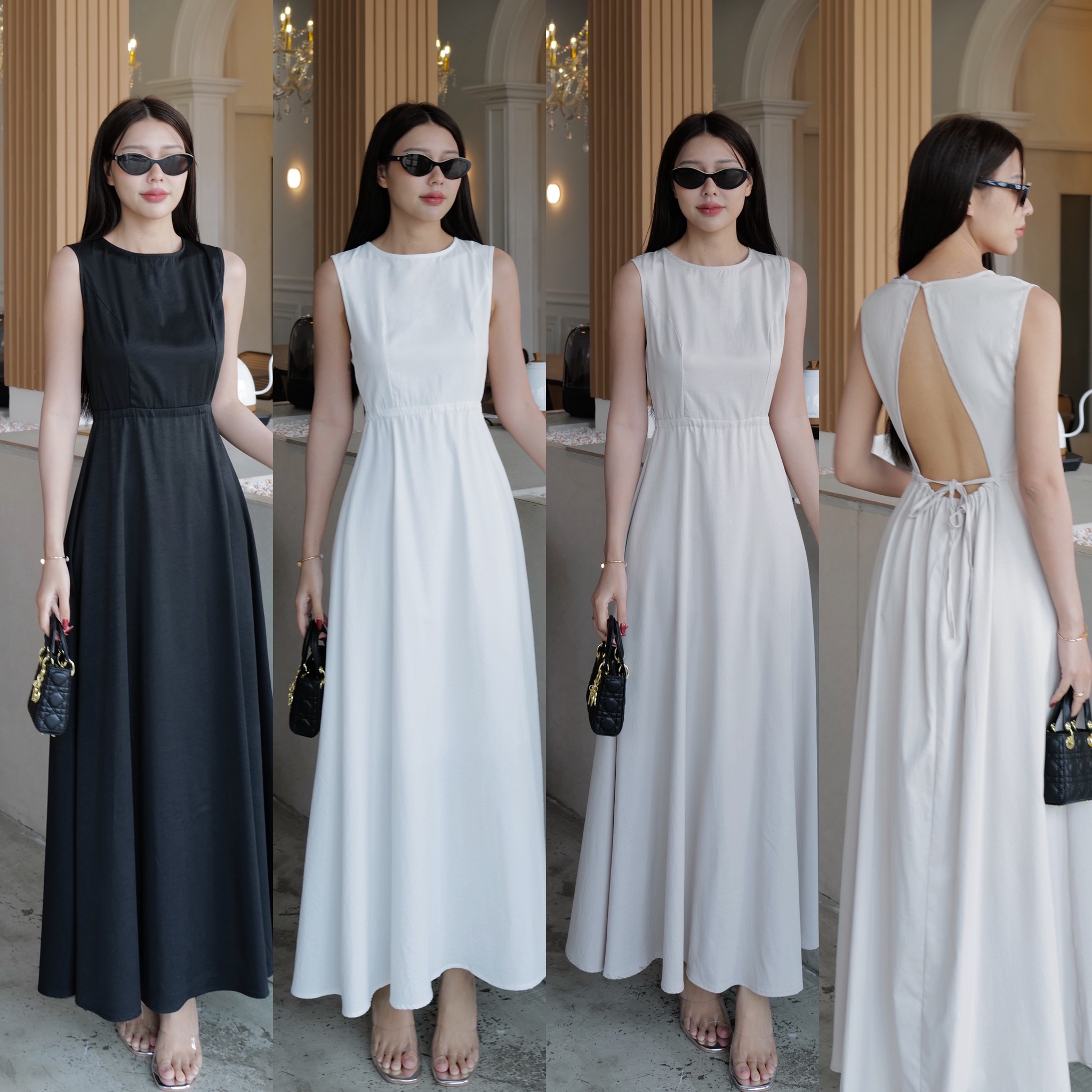 #9868 เดรสยาวแขนกุดคอกลม ด้านหลังเว้า ด้านหลังรูด เป็นสม็อค ปรับเอวด้านหลัง intuon