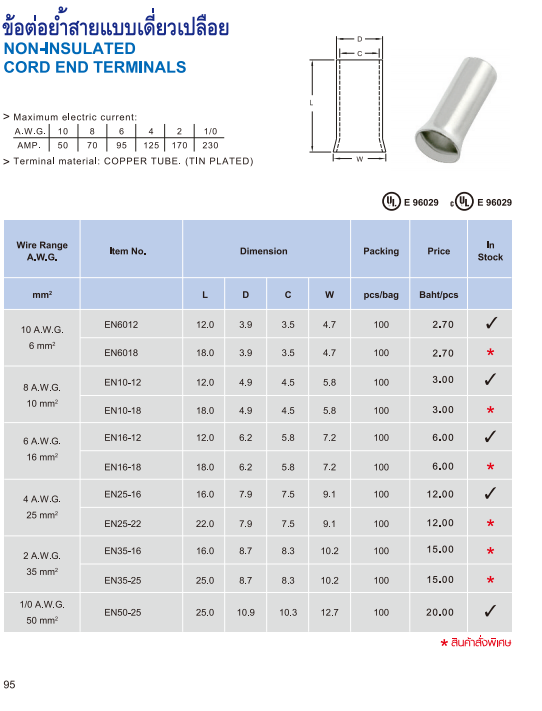 ข้อต่อย้ำสายแบบเดี่ยวเปลือย,NON-INSULATED CORD END TERMINLA
