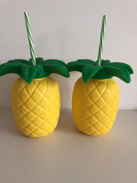 กระบอกน้ำพลาสติก สับปะรด พร้อมหลอดพลาสติก Pineapple Cup With Plastic Straw