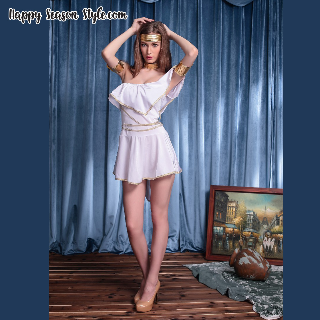 ชุดกรีก Greek สีขาวแขนเดี่ยวระบาย