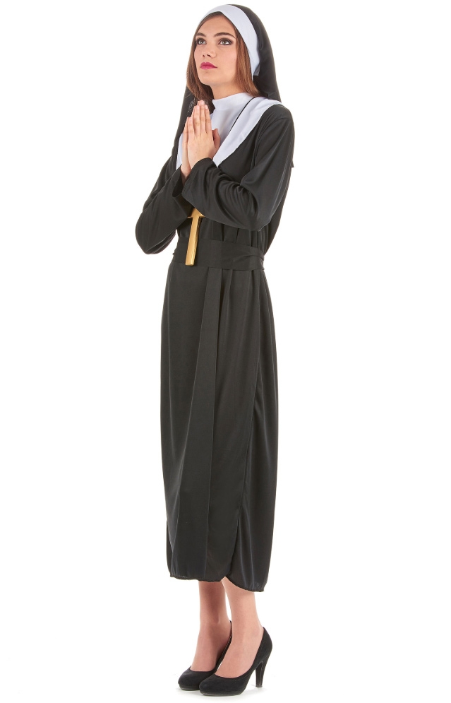 ชุดแม่ชี nun นักบวช แซกยาวสีดำไม่มีลายพร้อมหมวกแถบขาว