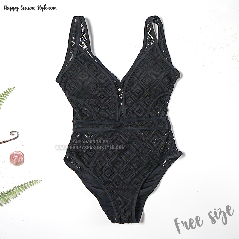 ชุดว่ายน้ำ วันพีช สีดำ ผ้าลูกไม้ ซีทรู