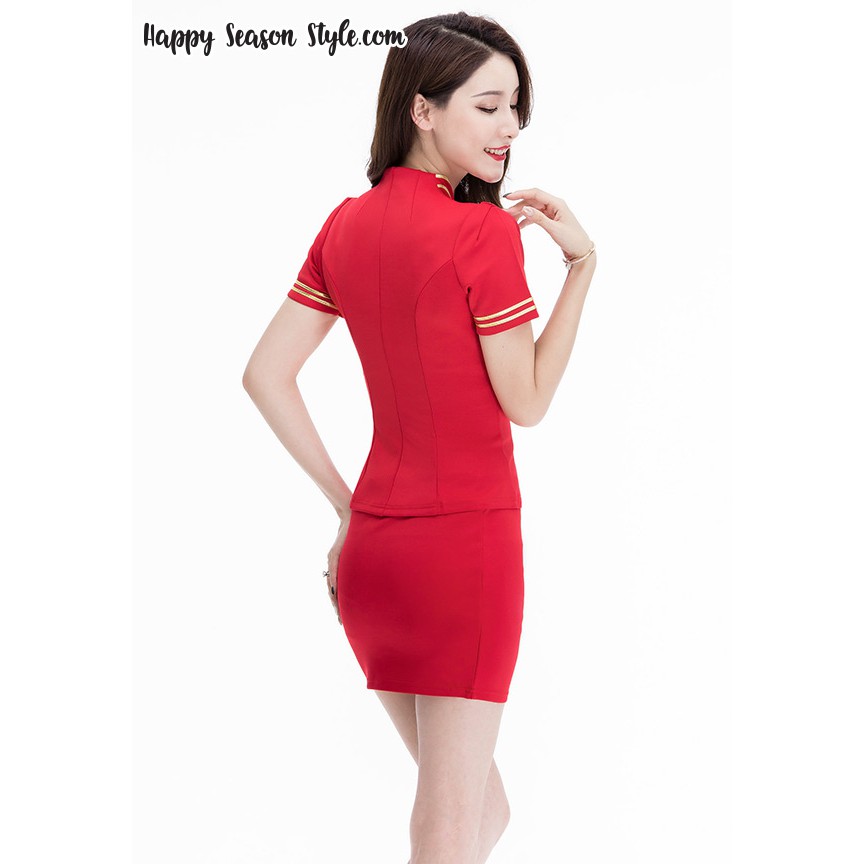 ชุดยูนิฟอร์ม - ชุดพนักงาน พีอาร์ ปกเชิ๊ตแต่งขอบทอง กระดุมเดี่ยว สีแดง สำเนา