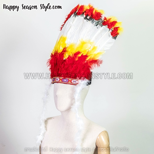 หัวอินเดียแดง หัวชนเผ่า หัวขนนก ที่คาดผมอินเดียแดง ขนแน่นขาวแดงคาดเหลือง