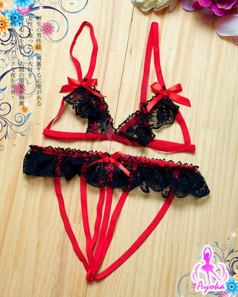 ชุดนอนไม่ได้นอน ชุดนอนซีทรู ทูพีช สายเดี่ยวลูกไม้ สีแดงดำเจาะอกและกกน. ชุดนอนซีทรู