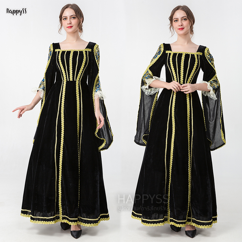 ชุดยุโรป วิคตอเรีย ย้อนยุค ผู้ดีอังกฤษ สไตล์เทพนิยาย สีดำแต่งขอบทองรอบชุด ส่งไวจากไทย 🏍️