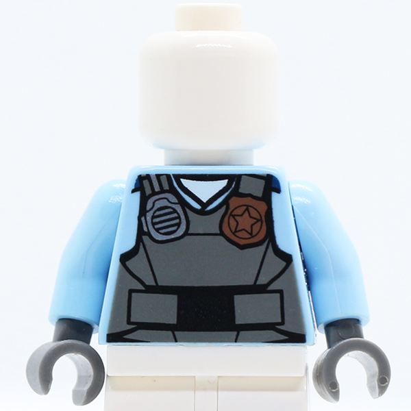 Police Shirt with Dark Bluish Gray Vest, Gold Badge, Radio and 'POLICE' Pattern on Back / Bright Light Blue Arms / Dark Bluish Gray Hands