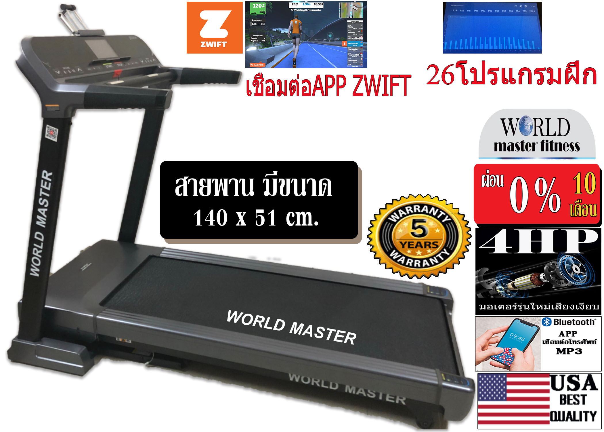 ลู่วิ่งไฟฟ้า WORLD MASTER รุ่น YK-ET1601B เล่นเกมส์APP ZWIFTได้