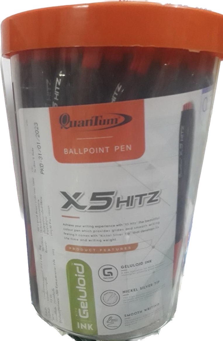 ปากกาลูกลื่น ควอนตั้ม X5 HITZ(ฮิทซ์) (0.5มม) หมึกแดง ด้ามแดง (กระบอก50ด้าม)