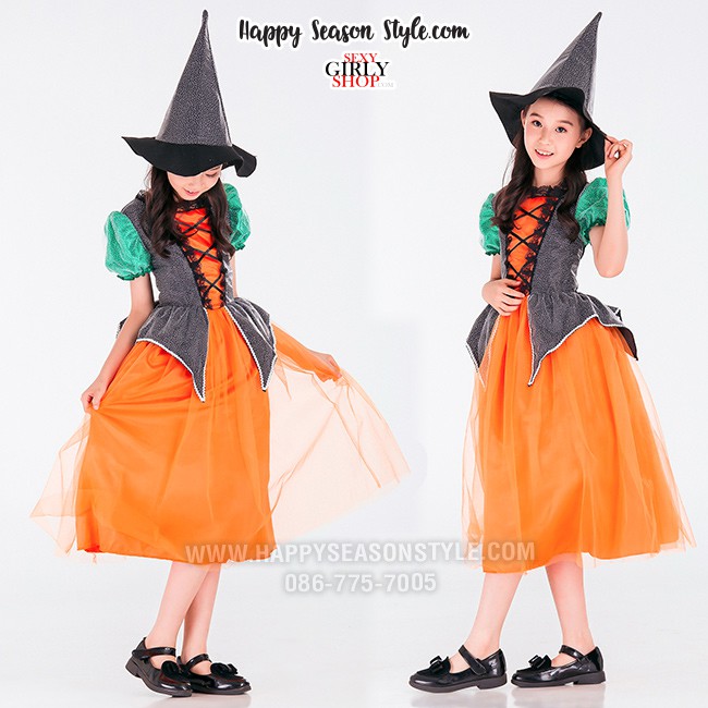 ชุดแฟนซีเด็ก ชุดฮาโลวีน ชุดแม่มดเด็ก สีส้ม แขนตุ๊กตาสีเขียว พร้อม หมวกแม่มด