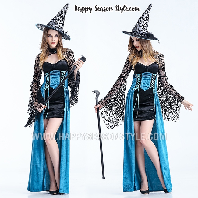 ชุดแม่มด สีฟ้าแขนลูกไม้ซีทรูดำ หมวกแหลม