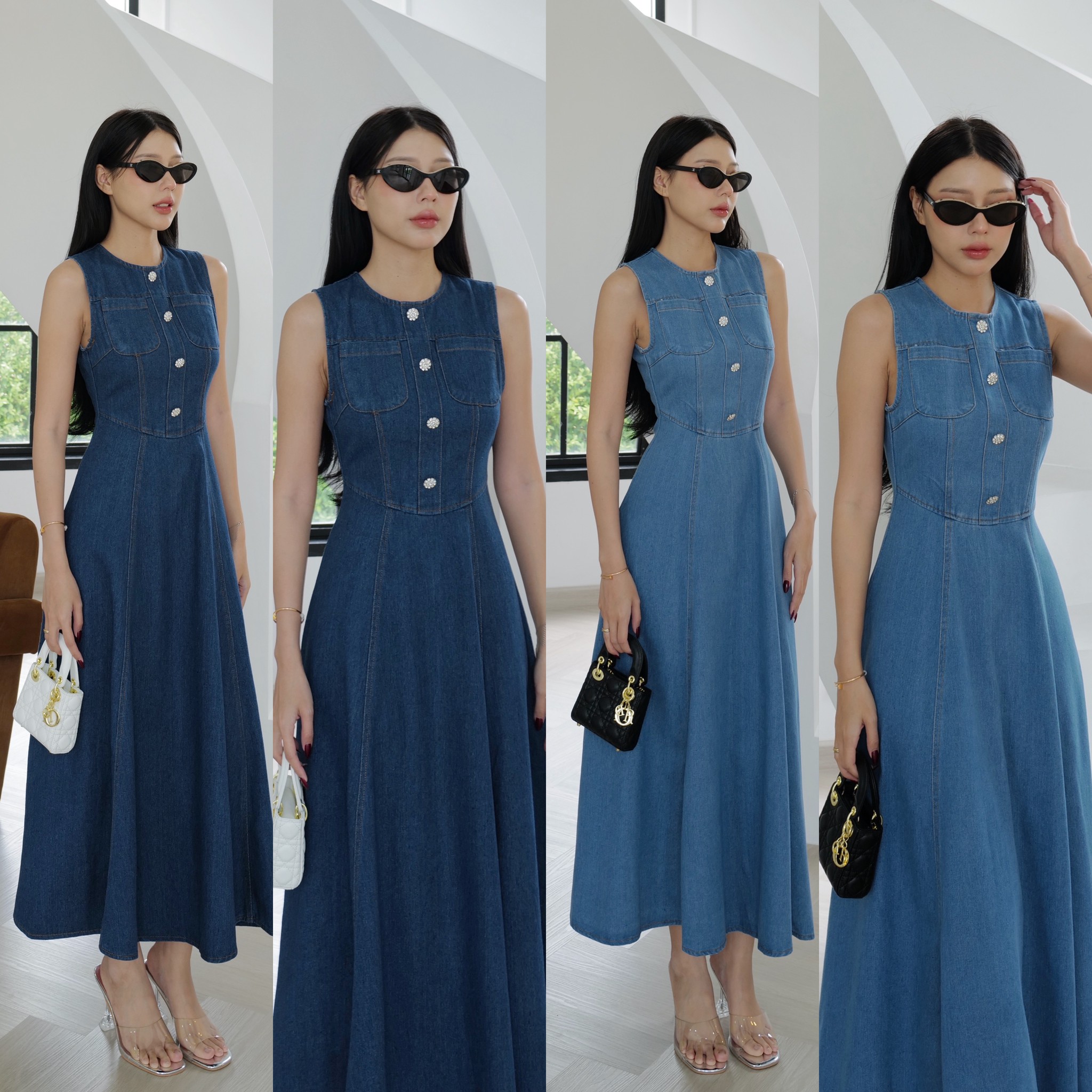 #5186 เดรสยาวยีนส์ คอกลมแขนกุด แต่งกระดุมหน้าเพชร กระเป๋าหน้าใช้ได้จริง intuon