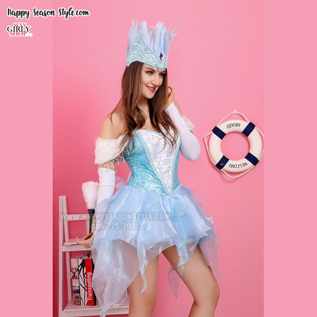 ชุดเจ้าหญิงสีฟ้า มงกุฎขนนก ชุดนางฟ้า