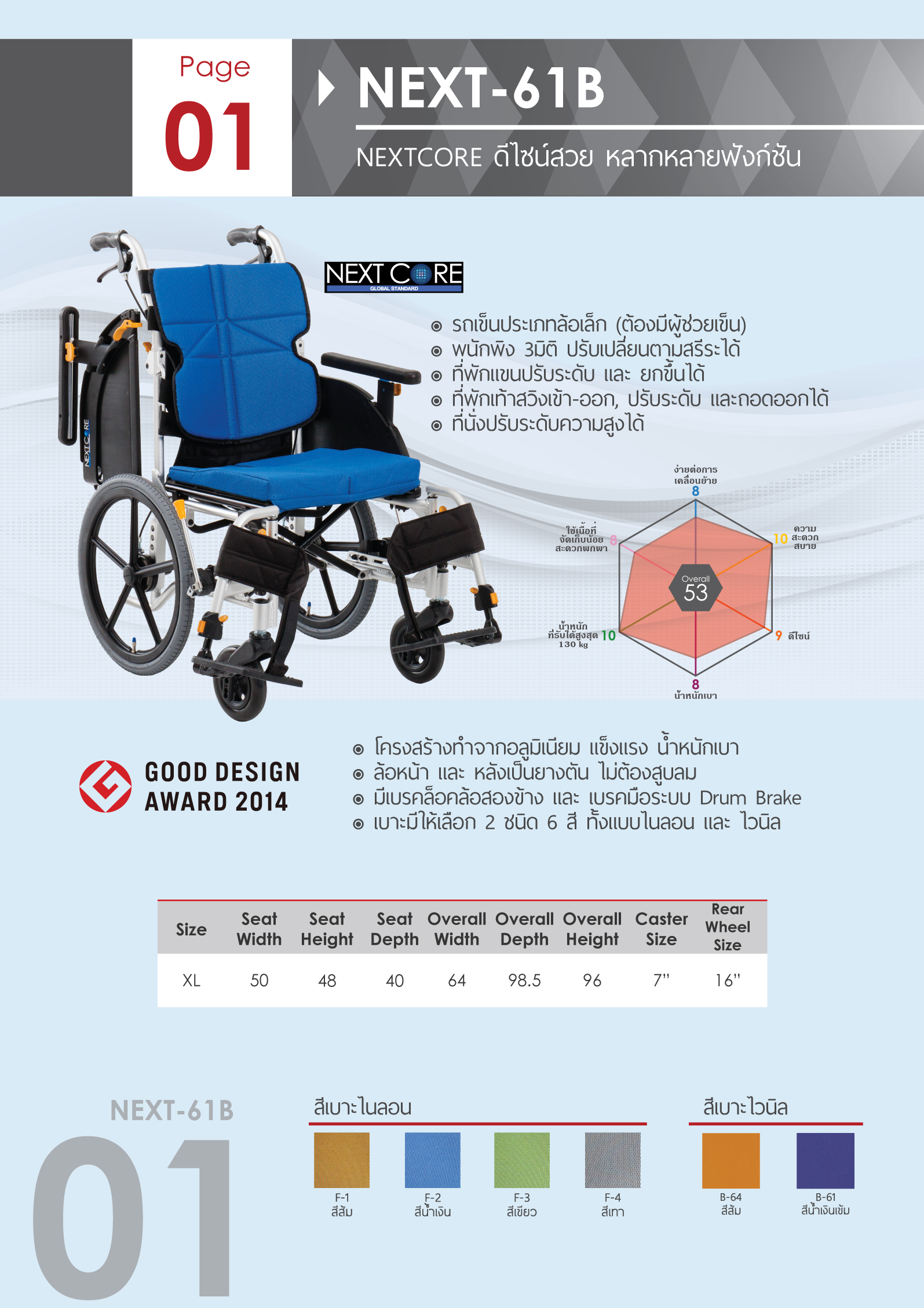 รถเข็นไซร้ใหญ่ อลูมิเนียม Matsunaga Wheelchair NEXT-61B (車いす) เบาะกว้างพิเศษ 20 นิ้ว รองรับน้ำหนักสูงสุด 130 กก. เหมาะสำหรับ คนมีรูปร่างใหญ่, คนที่มีน้ำหนักมาก, คนไซร์ฝรั่ง, สูง ใหญ่ (ผลิตภัณฑ์แบรนด์จากประเทศญี่ปุ่น)