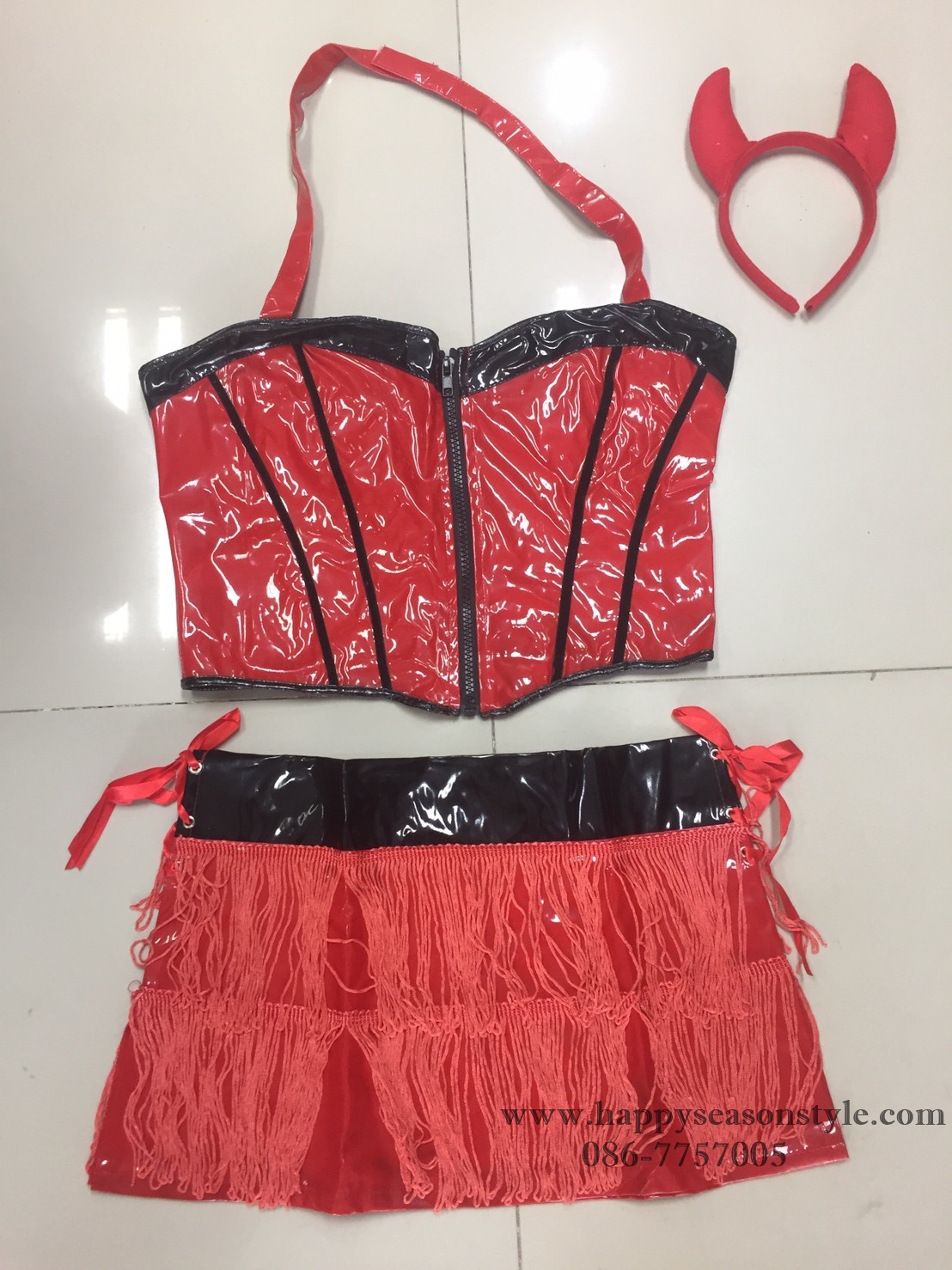 ชุดเดวิลสีแดง เกาะอกหนังผูกคอ กระโปรงหนังมีพู่ระบาย+เขาเดวิล