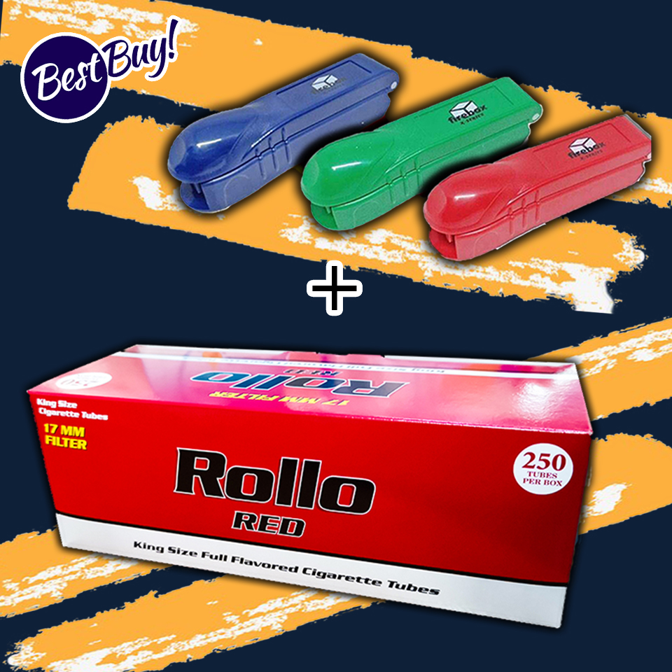 ก้นกรองเปล่า Rollo 250 มวน 1 กล่องพร้อมเครื่องอัด Firebox 1 เครื่อง