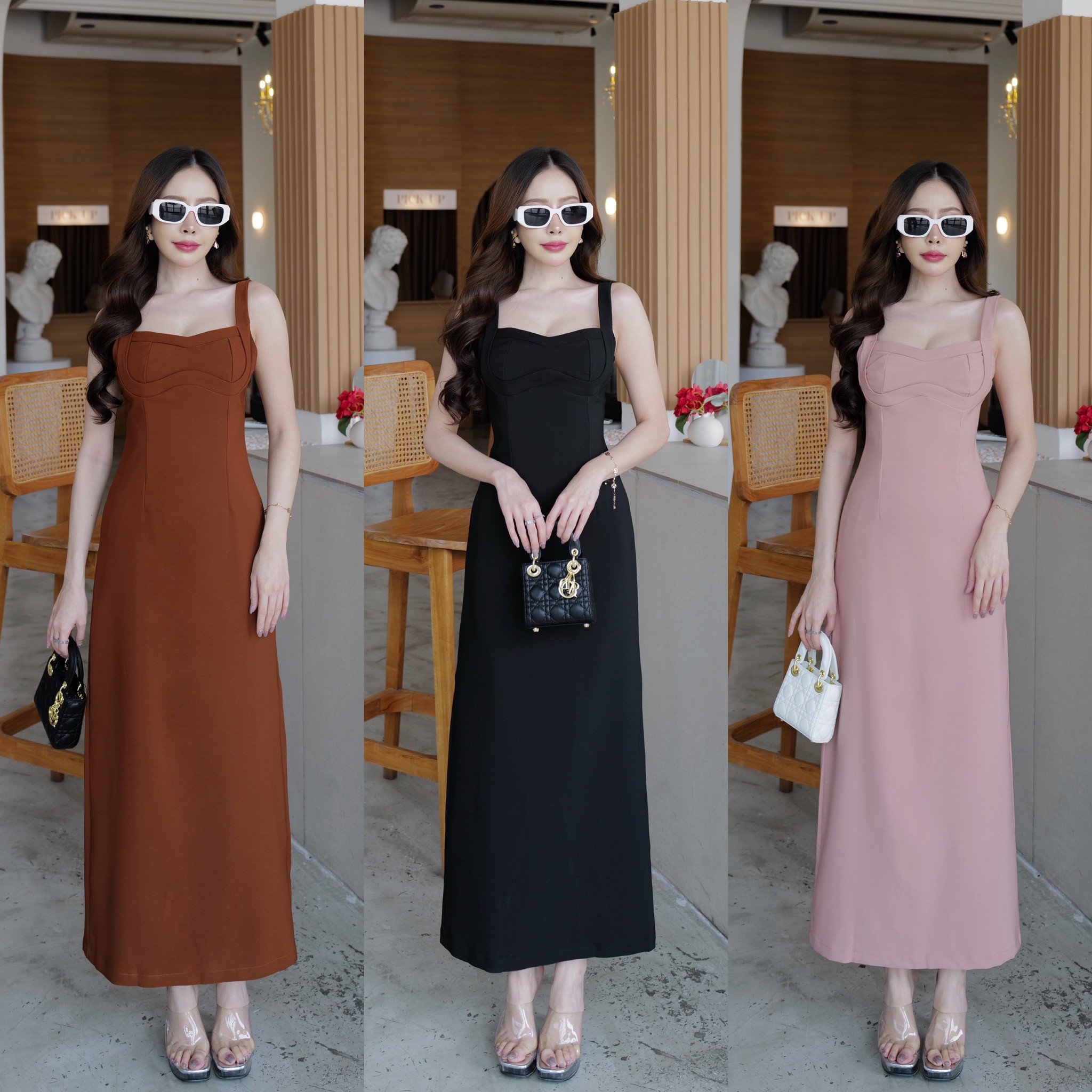 #5105 HILOOK เดรสสายใหญ่ อกทรงสโลบเข้าอกเบาๆ เย็บตีเกล็ดรับเต้า สวยมาก