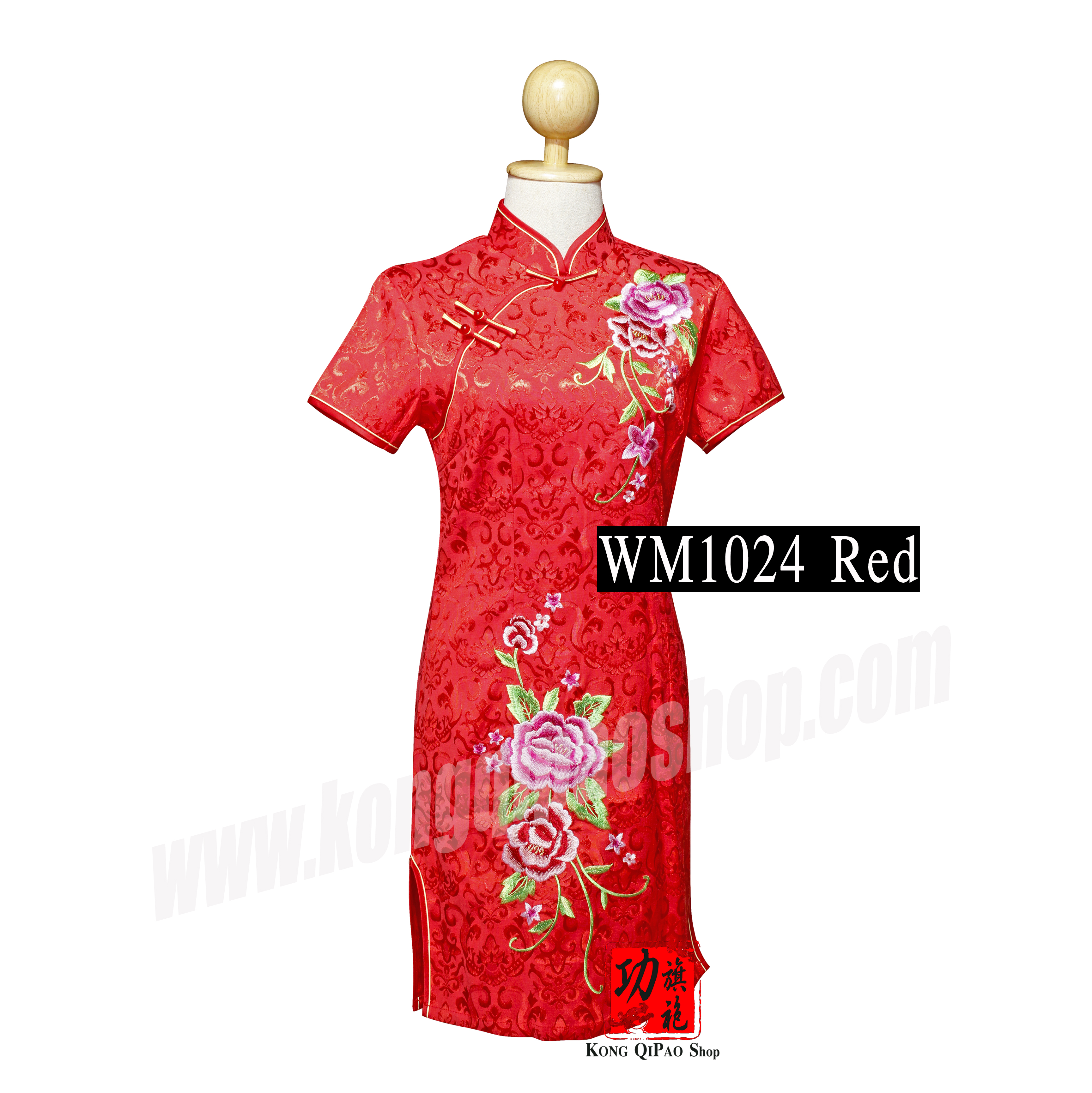 WM1024 กี่เพ้าสั้นผู้หญิง ลายดอกโบตั๋นคู่
