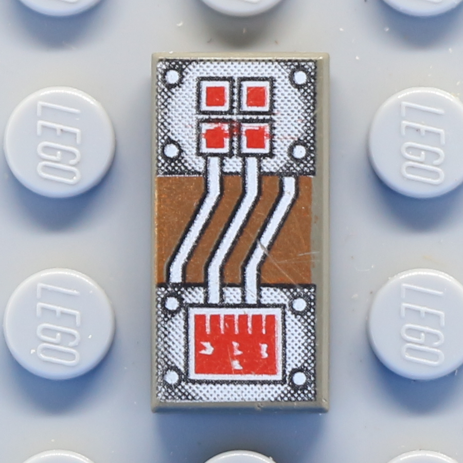 Tile 1 x 2 with Groove with Copper and White Circuitry, Red Rectangle and 4 Squares Pattern