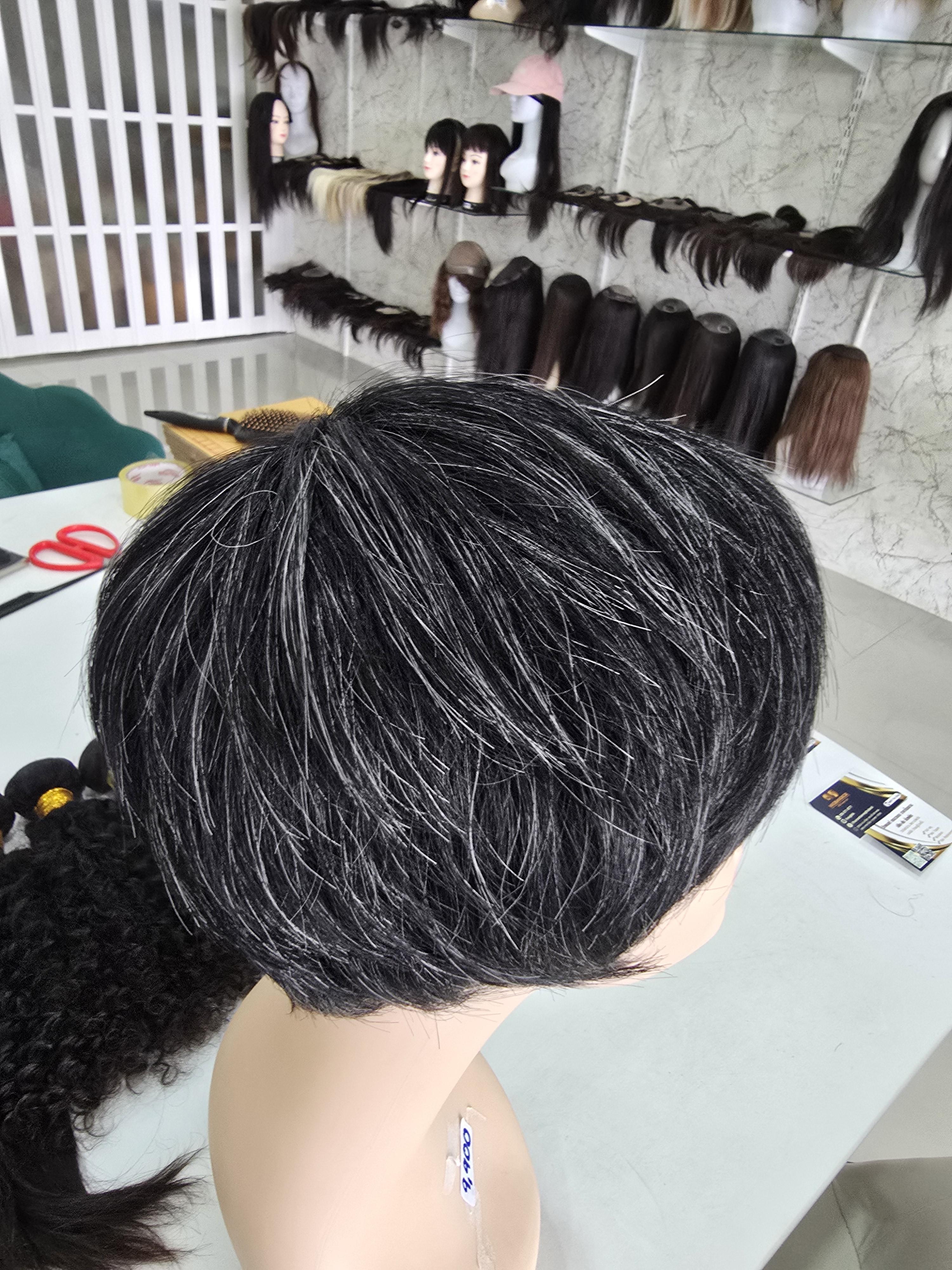 วิกผมหงอกผมขาว ผมแท้100% วิกผู้สูงอายุ คนแก่ ย้อมสีใหม่ได้ Human Hair Grey Wig for Old Women สำเนา