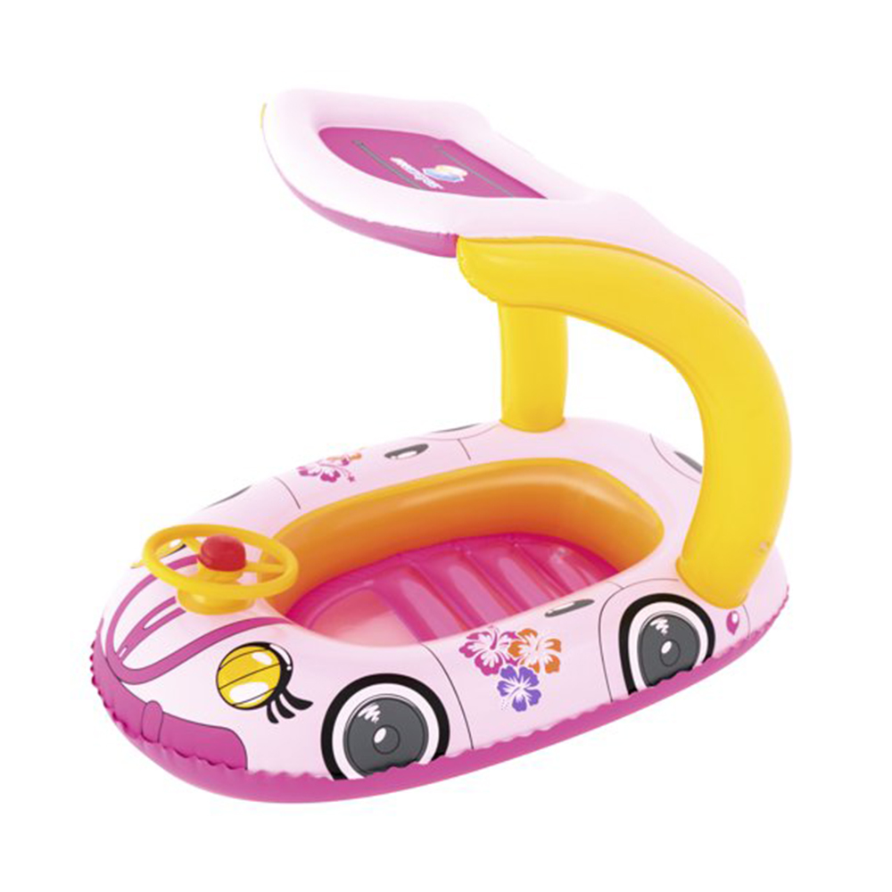 Bestway H2O GO แพยางเด็กแบบสอดขารูปรถลายดอกไม้ พร้อมม่านบังแดด Inflatable Top Quality Children Ride-On Float (สีชมพู)