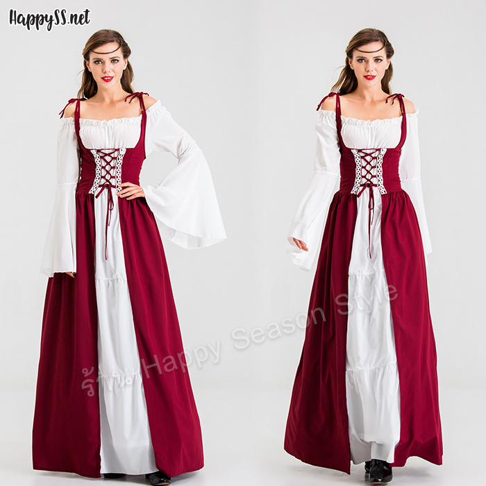 ชุดยุโรป ย้อนยุค แซกคอปาดสีขาวแซกแดง (มี 3 สี แดง, น้ำเงิน, เขียว)