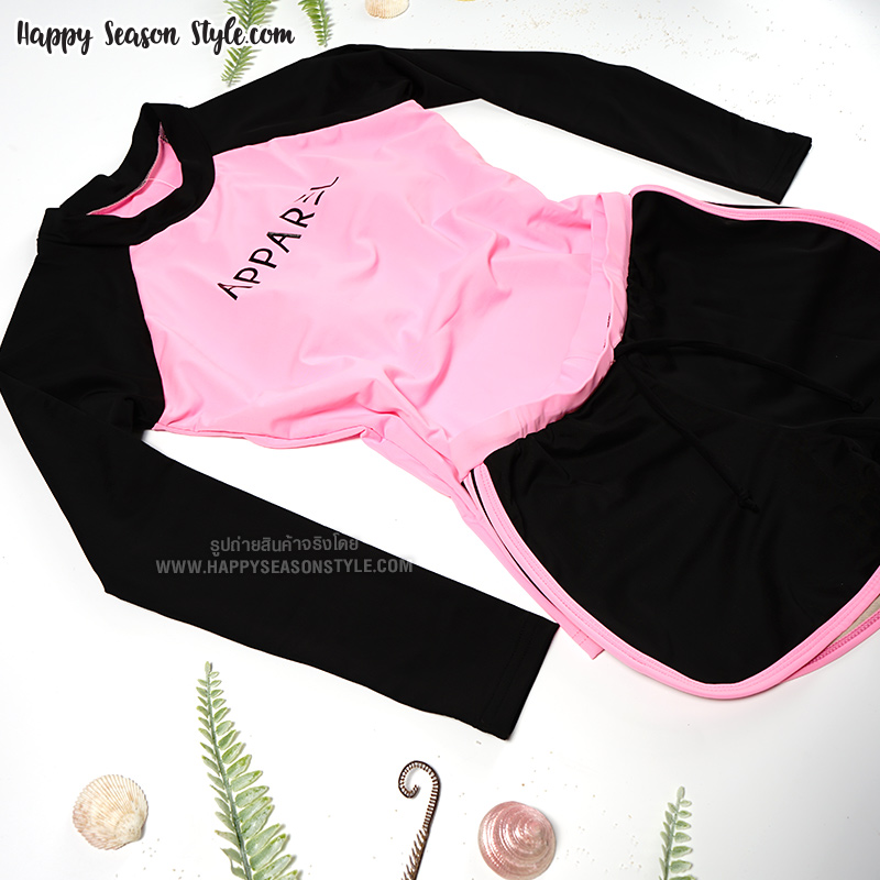 ชุดว่ายน้ำ ทูพีช แยกชิ้น เสื้อแขนยาว กางเกงขาสั้น สีชมพู-ดำ