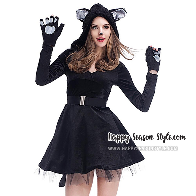 ชุดแฟนซี halloween ชุดแมวดำ แซกมีฮู๊ดหูและหางแมว พร้อมถุงมือแมว