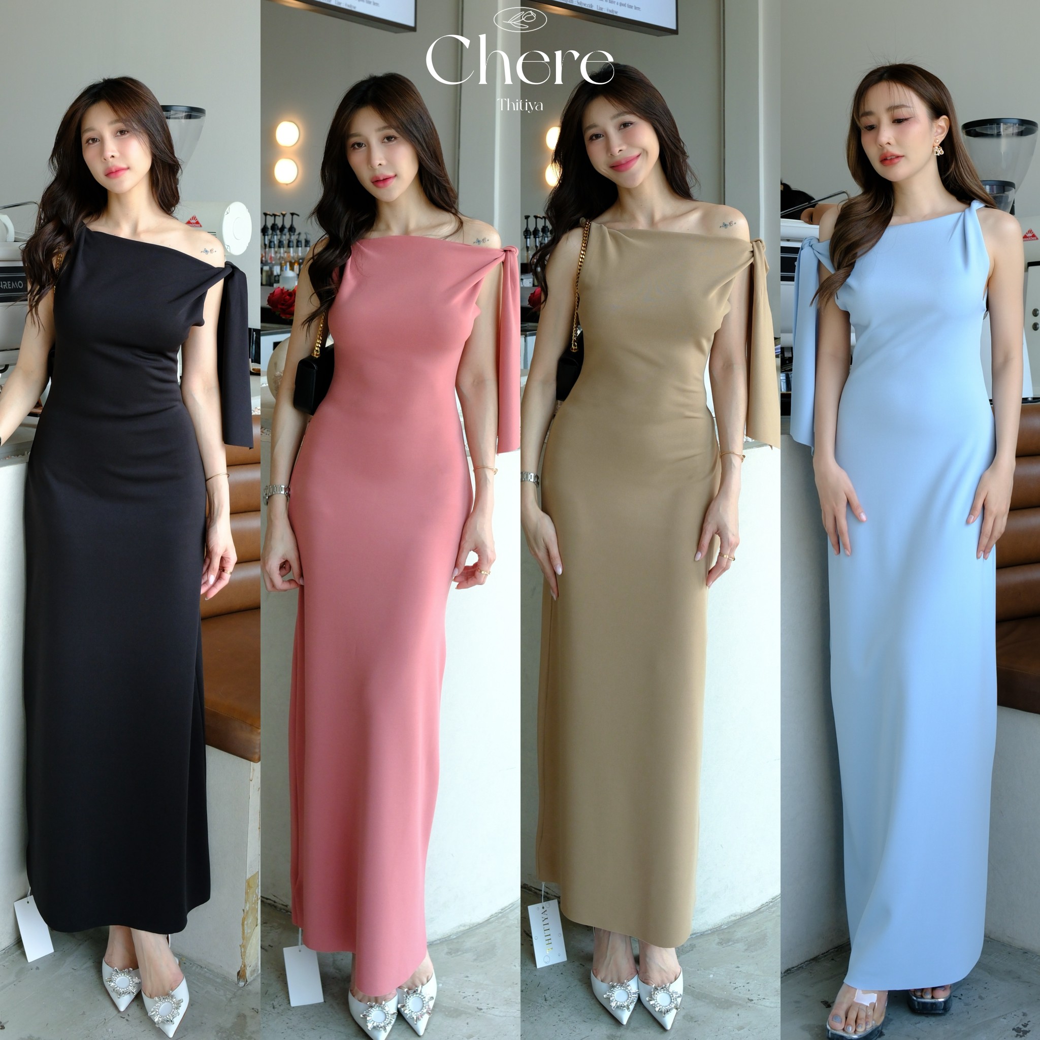 Chere Dress เดรสยาวปาดไหล่ทรงสลิม ดีเทลสวยด้านข้างผูกเองได้ค่ะ thitiya