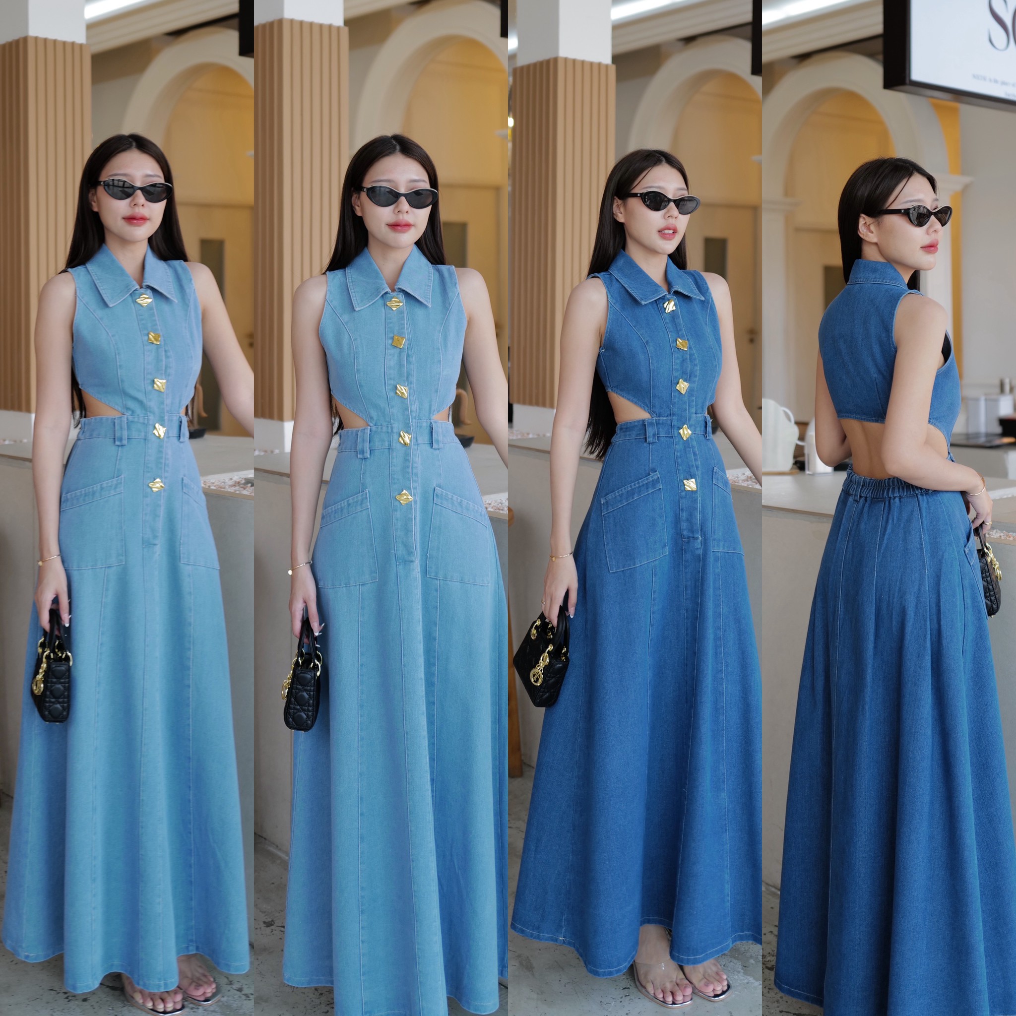 #4816 เดรสยาวยีนส์แท้ เว้าเอว คอปกกระดุมแต่งดีเทลเก๋สีทองวาว เนื้อผ้าพรีเมียมหนัก intuon