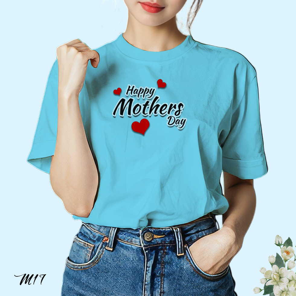 เสื้อยืดสีฟ้า สกรีนลาย Happy Mother's Day M17 เนื้อผ้าโพลีเอสเตอร์ 100% นุ่มใส่สบาย วันแม่ 12 สิงหาคม Bkstock