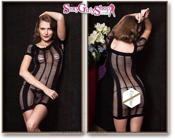 ชุดนอนไม่ได้นอน body stocking บอดี้สต๊อคกิ้ง ทรงเดรสสั้นเจาะก้างปลา