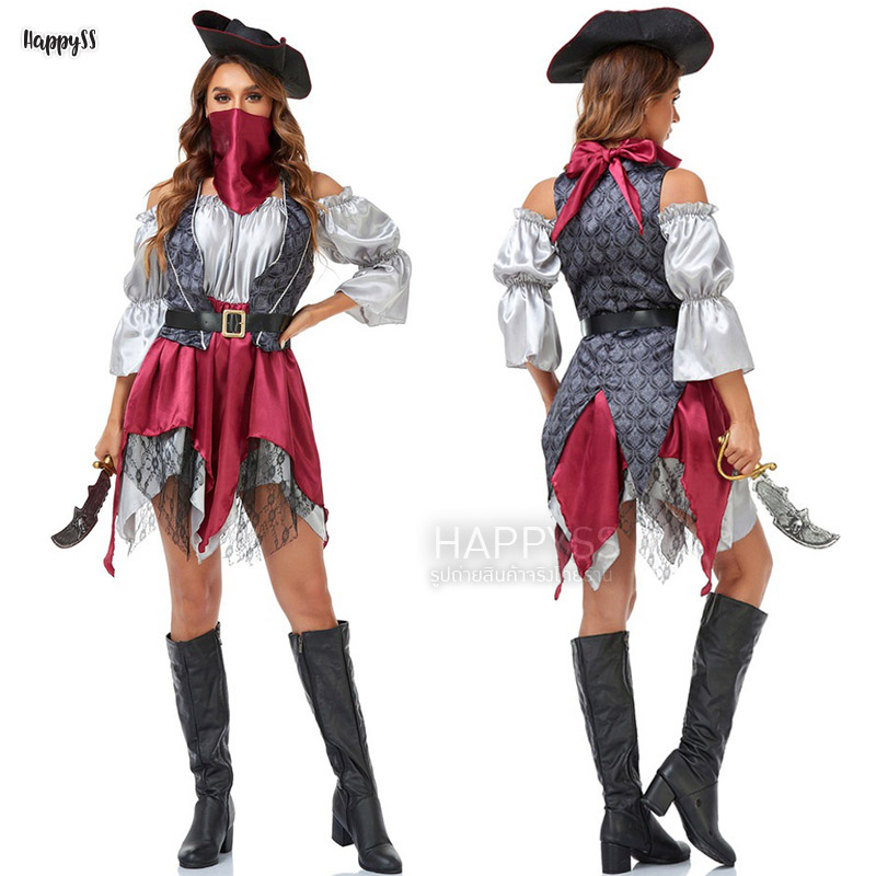 ชุดโจรสลัดหญิง ไหล่ปาดเสื้อกั๊กเทา สวยเท่สุดๆ พร้อมดาบ 🏍️💨ส่งไวจากไทย