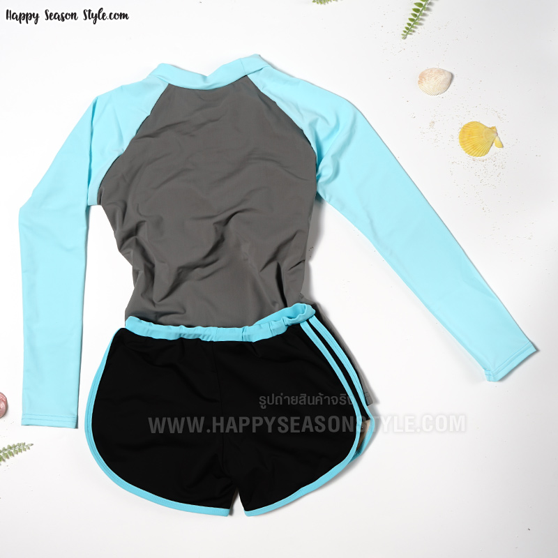 ชุดว่ายน้ำ ทูพีช แยกชิ้น เสื้อแขนยาว กางเกงขาสั้น สีเทาอ่อน-ฟ้า