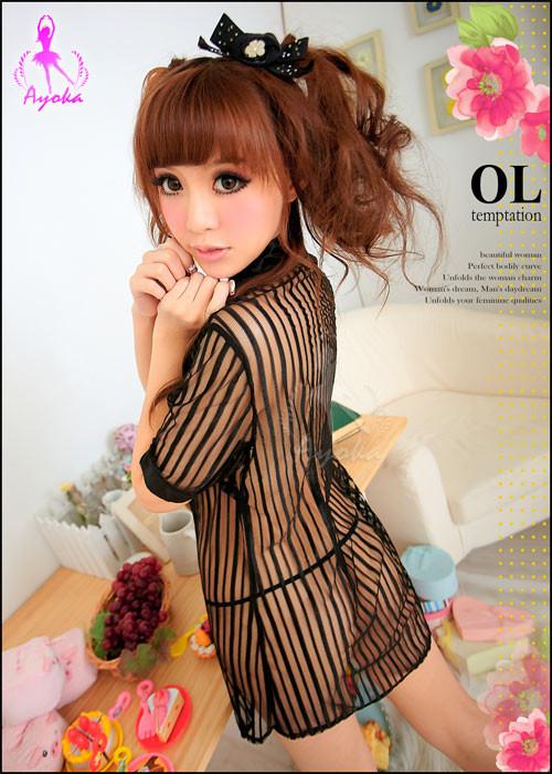 ชุดนอนไม่ได้นอน ชุดนอนซีทรู แนวเสื้อตัวโคร่งลายทางซีทรูสีดำ