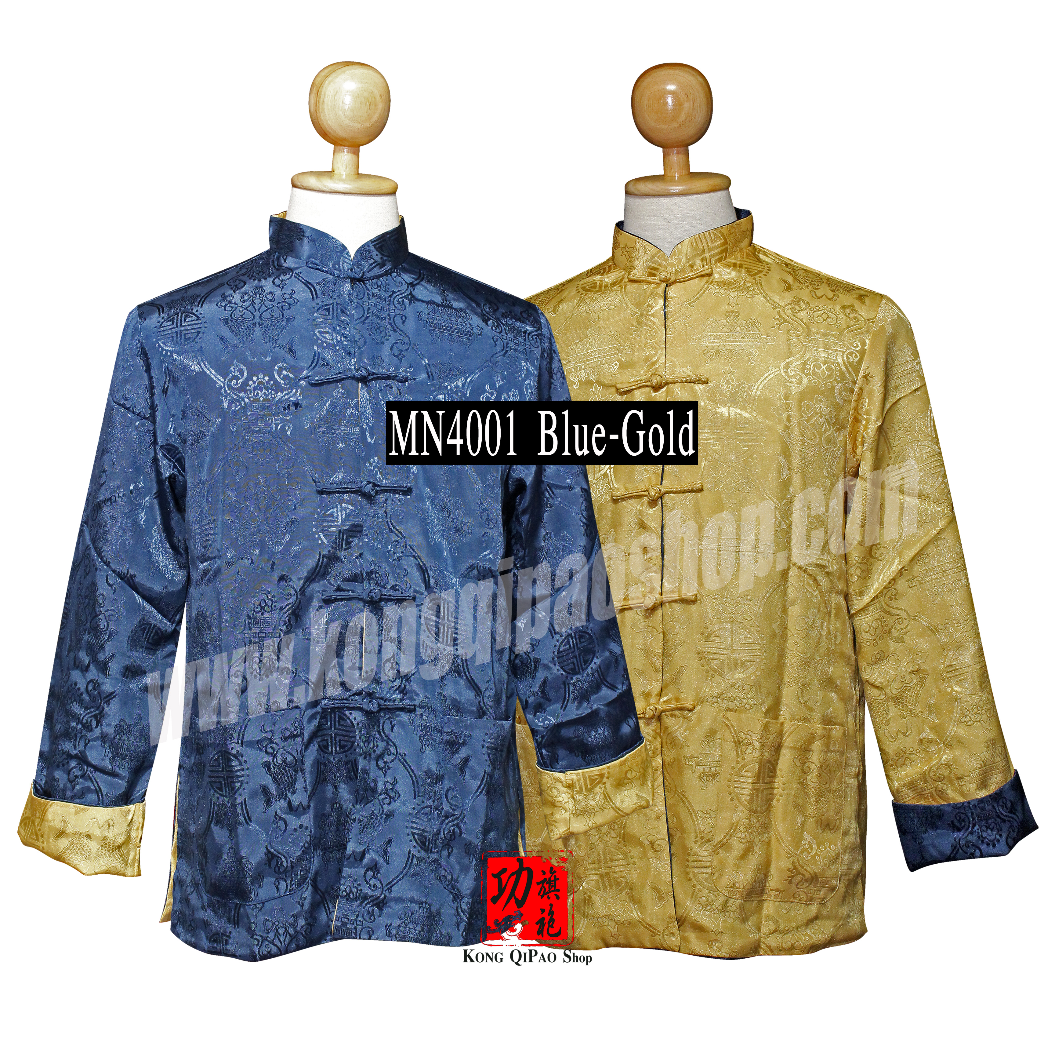 MN4001 เสื้อจีนผู้ชาย แขนยาว ลายปลาหลีฮื้อคู่ (鯉魚) (ใส่ได้ 2 ด้าน)