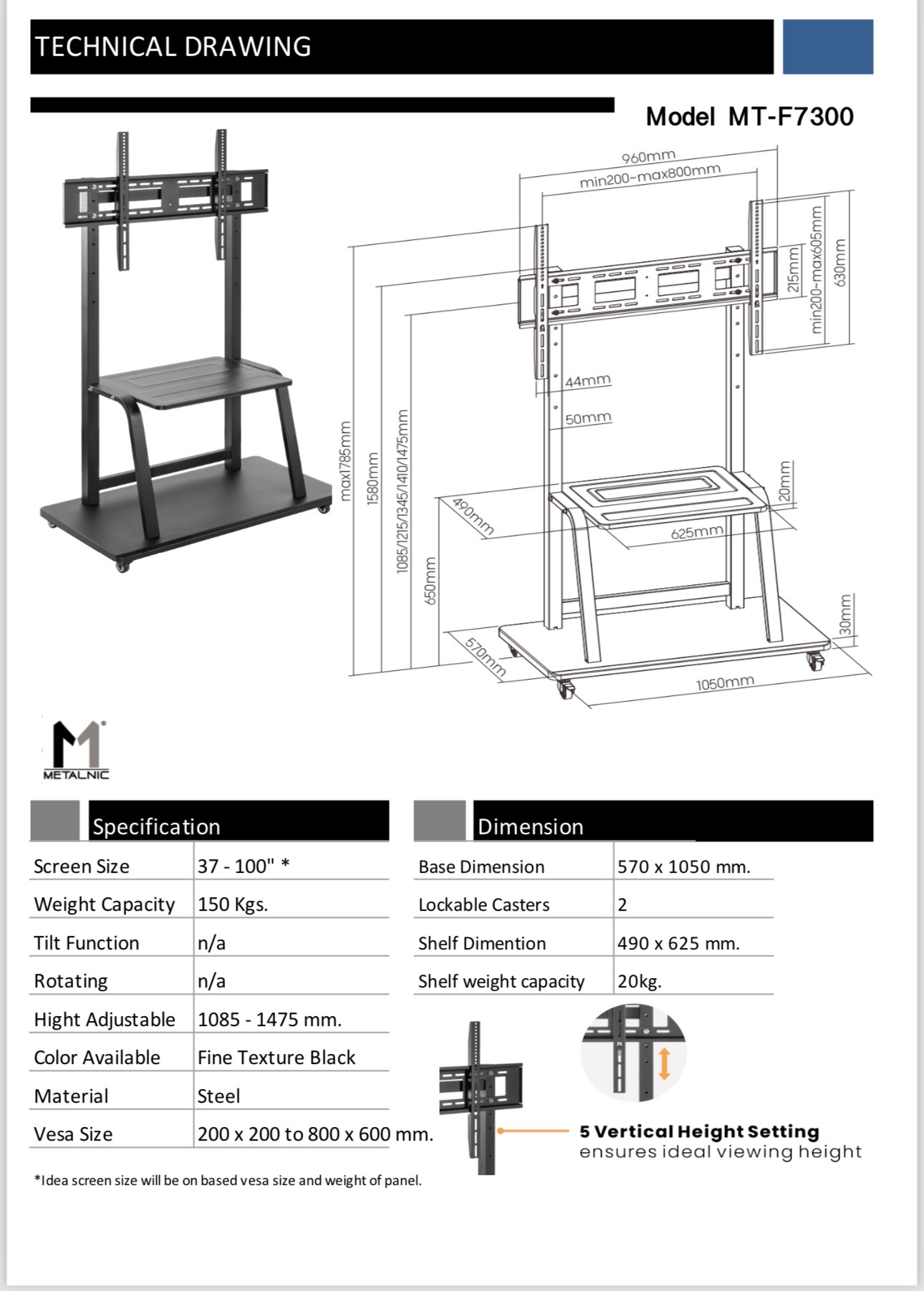 JMTVSTAND MT-F7300 ขาตั้งทีวีมีล้อเลื่อน วัสดุเหล็กหนา แข็งแรง รองรับทีวีขนาด 32"-100" นิ้ว0964746498