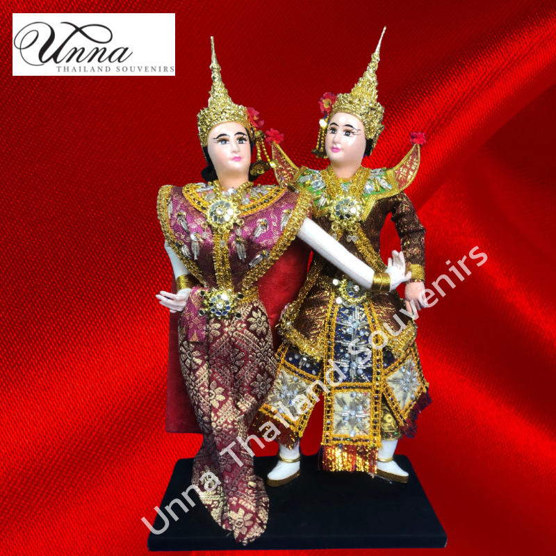 ตุ๊กตานางรำ ตุ๊กตาคู่พระนาง ตุ๊กตาถวายศาล คู่ชายหญิง งานฝีมือ ของที่ระลึก ของฝากเพื่อนต่างชาติ นางรำ ห่มสไบ สวมชฎา งานปักมือ งานผ้า Handmade Thai dancing dolls