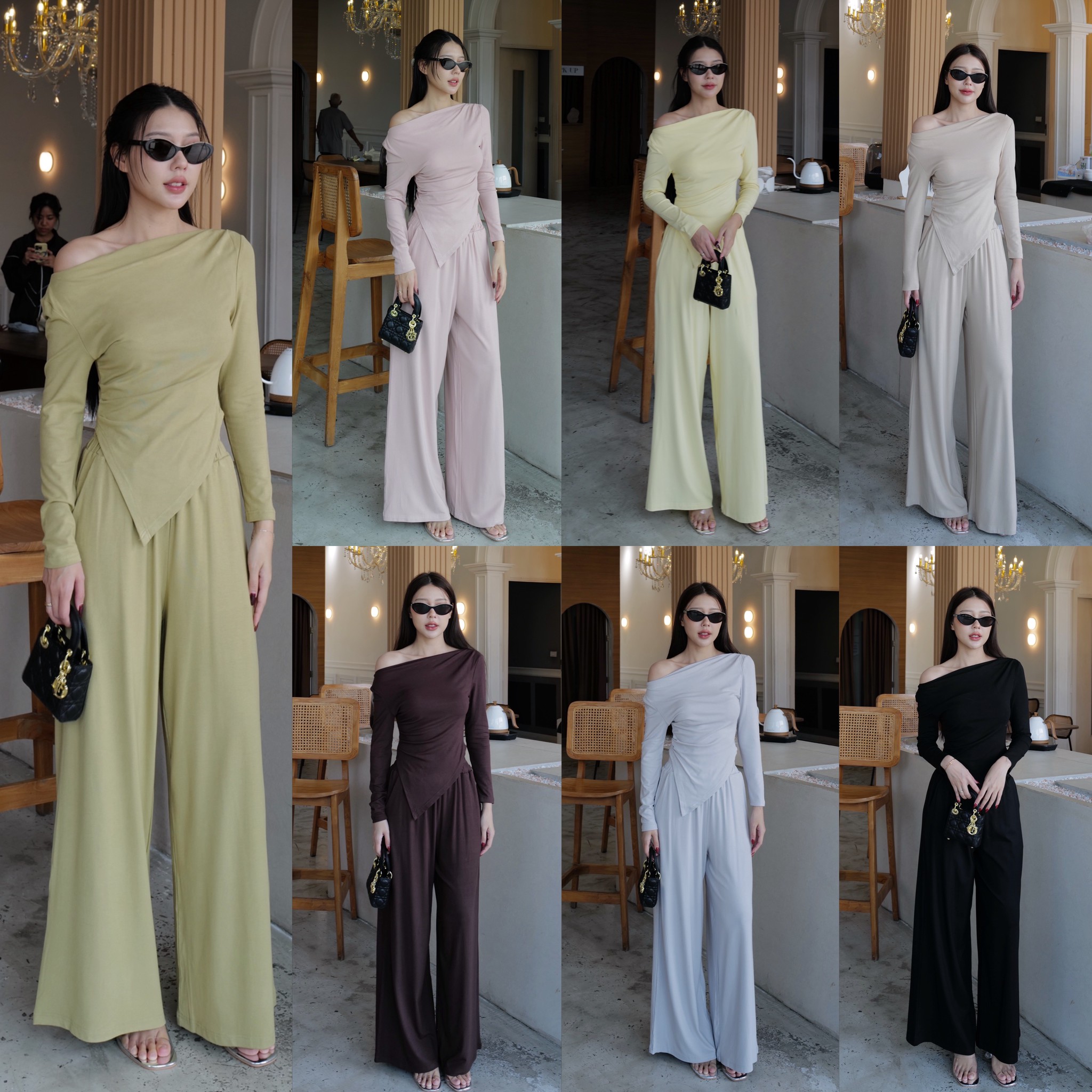 #9871 ชุดเชต เสื้อแขนยาวเปิดไหล่ เปิดได้ทุกแบบ ไหล่เดียว เปิดหมด ได้หมด +กางเกงขายาวเอวยืด intuon