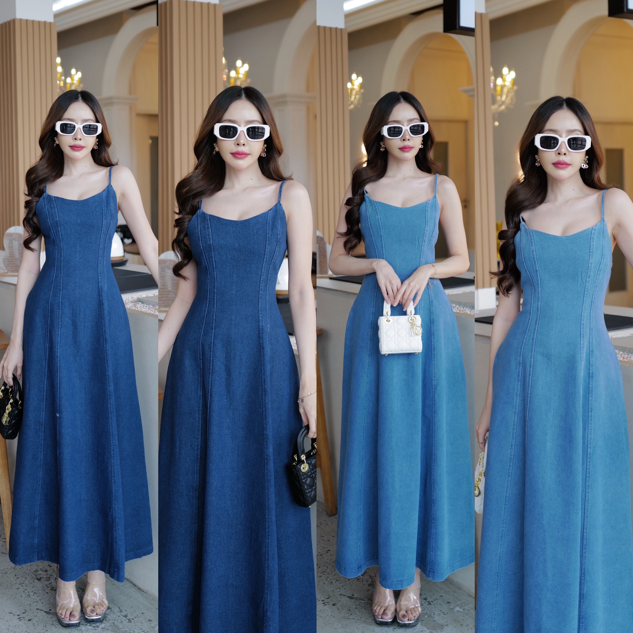 #5069 HILOOK เดรสยาวสายเดี่ยว ยีนส์แท้ คอวีไม่ลึก กำลังสวยแบบลูกคุณพอดี
