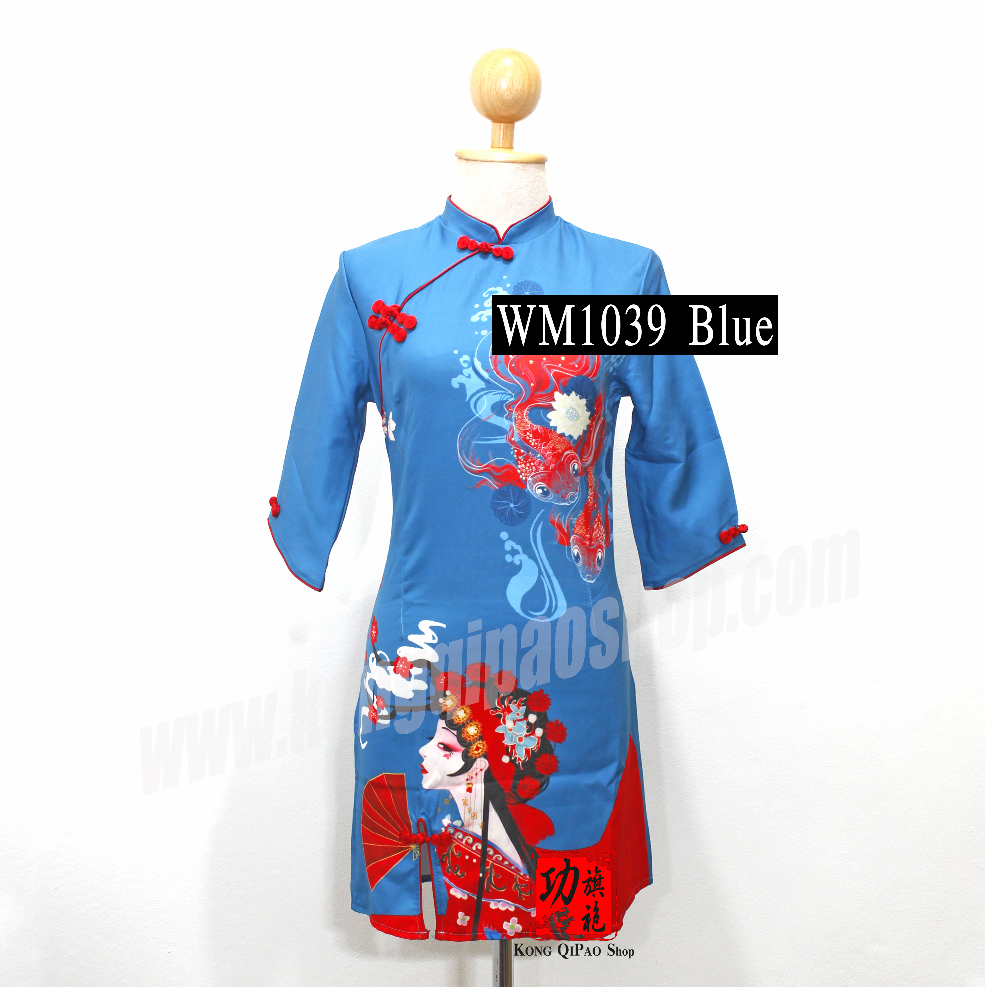 WM1039 กี่เพ้าสั้นผู้หญิง แขน 5 ส่วน ลายปลาหลีฮื้อคู่ (鯉魚) และผู้หญิง