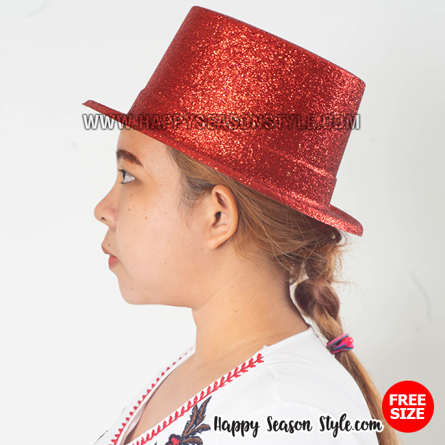 หมวกแฟนซี หมวกมายากล ทรงปีกเล็ก โรยกากเพชร สีแดง