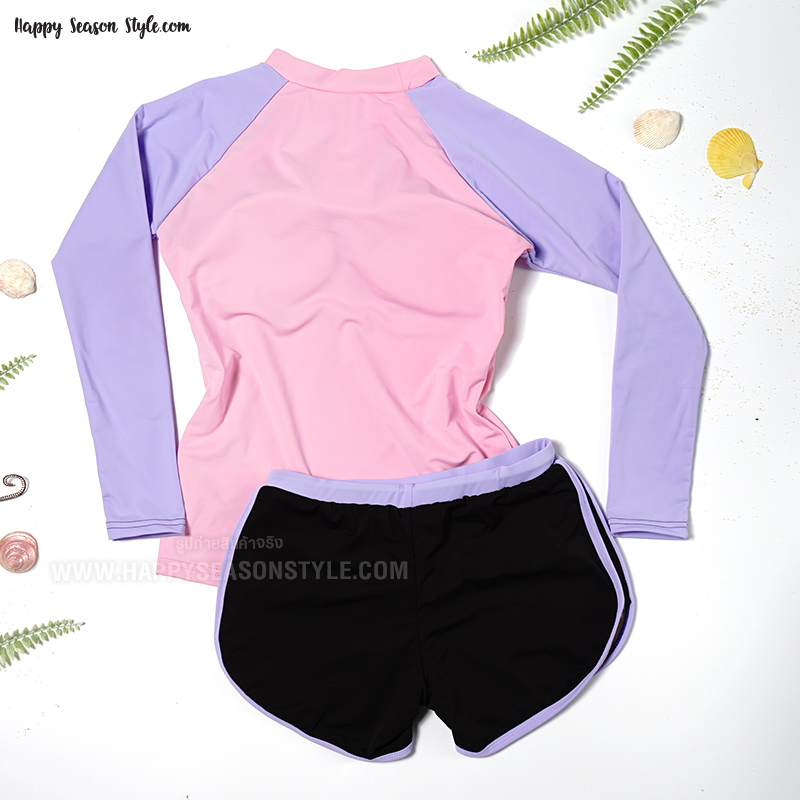 ชุดว่ายน้ำ ทูพีช แยกชิ้น เสื้อแขนยาว กางเกงขาสั้น สีชมพู-ม่วง