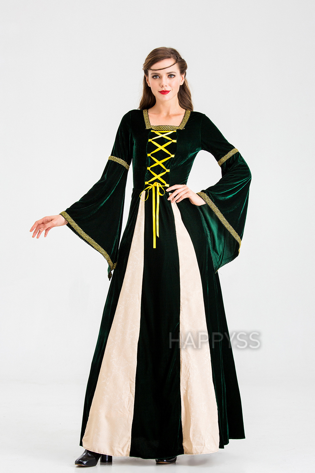 ชุดยุโรป ชุดย้อนยุค ผ้ากำมะหยี่ แทรกผ้า 2 แฉก ริบบิ้นเหลือง