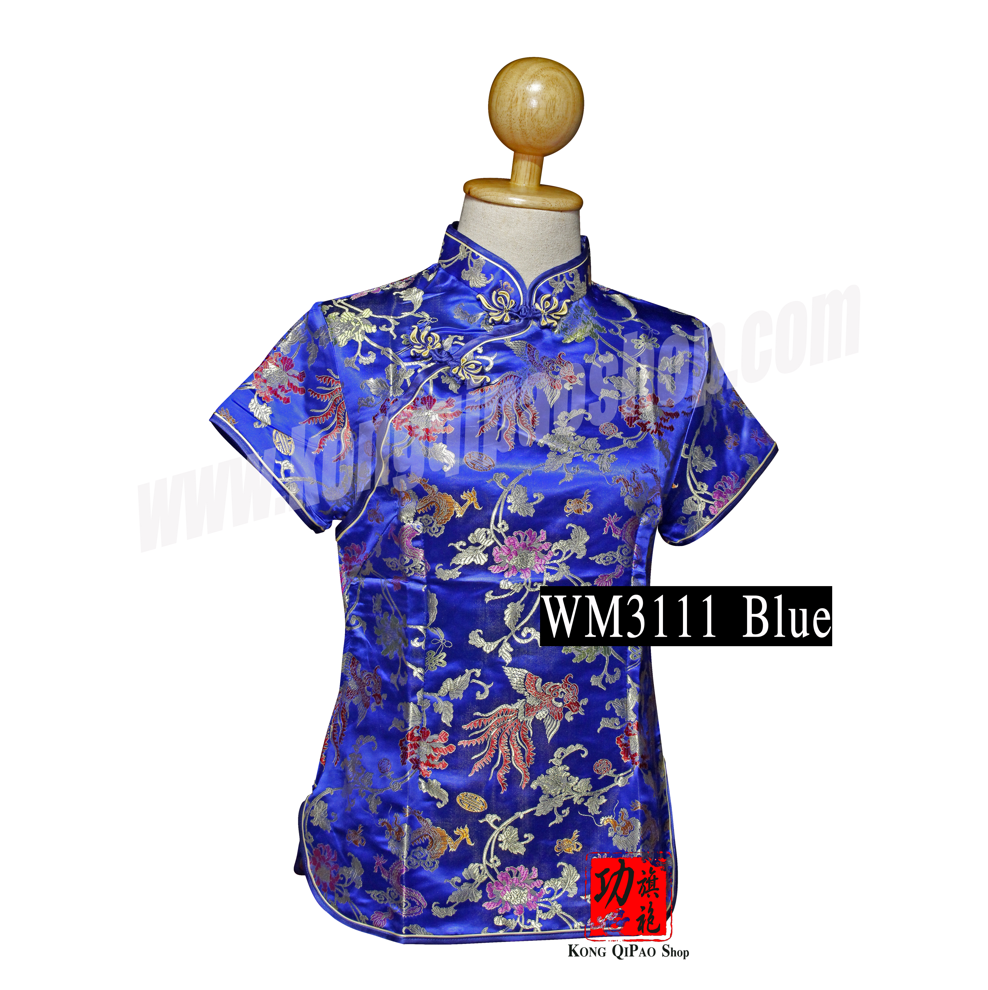 WM3111 เสื้อจีนผู้หญิง คอเฉียง ลายมังกร หงส์ และดอกโบตั๋น