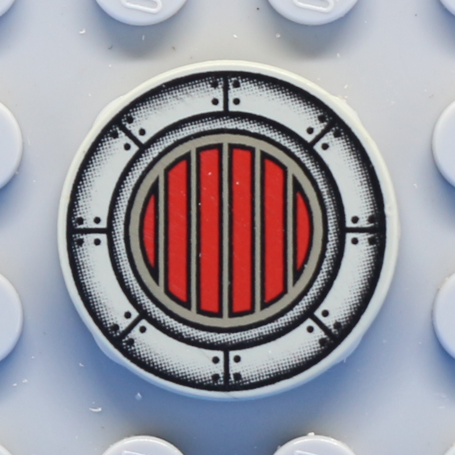 Tile, Round 2 x 2 with Yellow and Black Vent Lines in Red Circle and Plates with Rivets Pattern (SW Podracer)