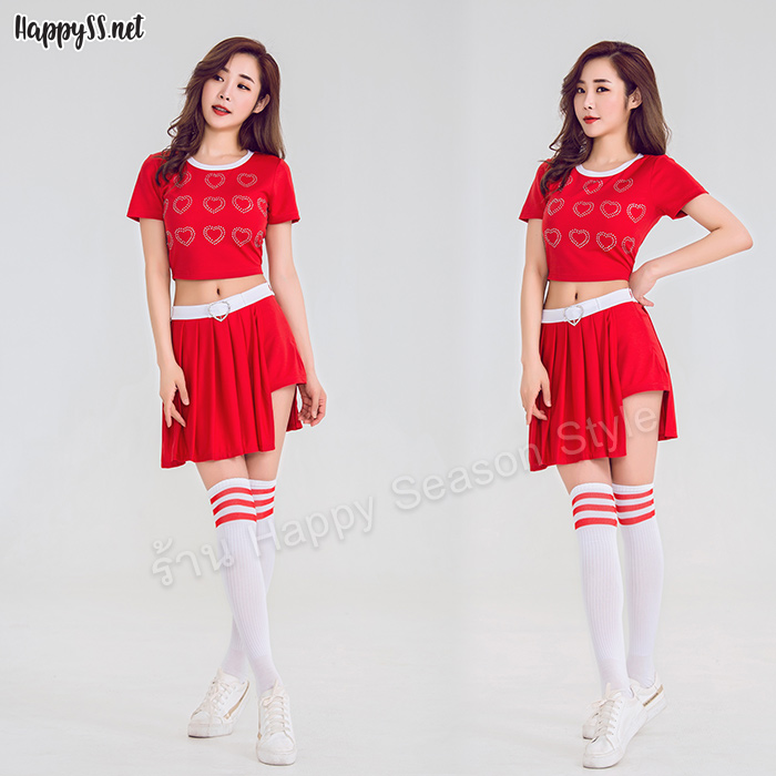 ชุดเชียร์ ชุดเชียร์ลีดเดอร์ ชุดเชียร์กีฬาสีแดง ลายหัวใจ ขอบขาว