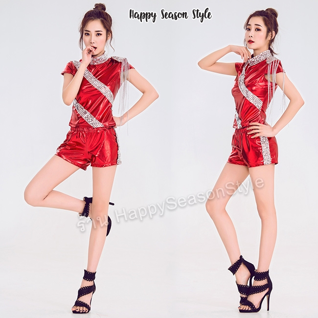 ชุดเชียร์ ชุดเชียร์กีฬา ชุดเชียร์ลีดเดอร์ สีเมทาลิค เงา กางเกงขาสั้น ไหล่แต่งโซ่ (มี 3 สีให้เลือก)